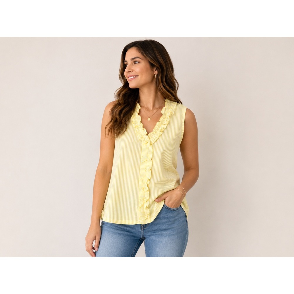 Crown & Ivy Yellow White Striped Ruffle V-Neck Sleeveless Cotton Blouse Medium